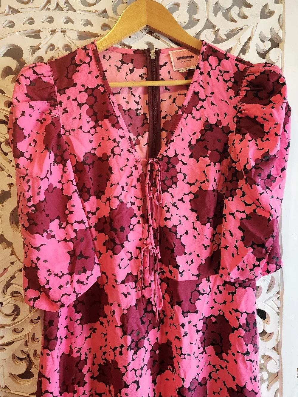 KATE SPADE NEW YORK NWOT WOMENS PINK BUBBLEN DOT SMOCKED FRONT TIE DRESS SIZE 12